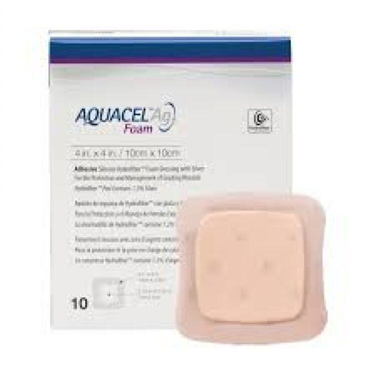 AQUACEL AG FOAM ADHESIVE DRESSING-Aquacel AG Foam Adhesive Wound Dressing with AQUACEL® Ag interface, featuring a soft foam pad, silicone adhesive border, and waterproof bacteria barrier. Offers controlled moisture vapor transmission, protection against viral/bacterial penetration, and the healing benefits of ionic silver to maintain a moist wound environment and reduce infection risk.