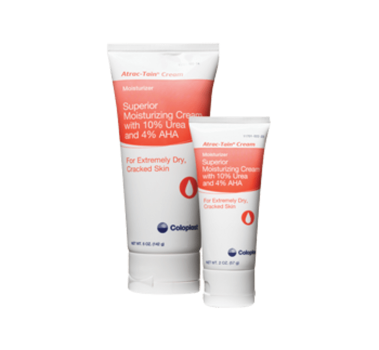 Atrac-Tain Cream, a moisturizing cream with 10% urea and 4% AHA, exfoliates and softens severely dry, cracked, calloused skin. Fragrance, dye, and preservative-free, it is ideal for healing elbows, knees, and lower leg areas, and is CHG compatible." Alt text: "Atrac-Tain Cream, a moisturizing cream with 10% urea and 4% AHA, exfoliates and softens severely dry, cracked, calloused skin. Fragrance, dye, and preservative-free, it is ideal for healing elbows, knees, and lower leg areas, and is CHG compatible.