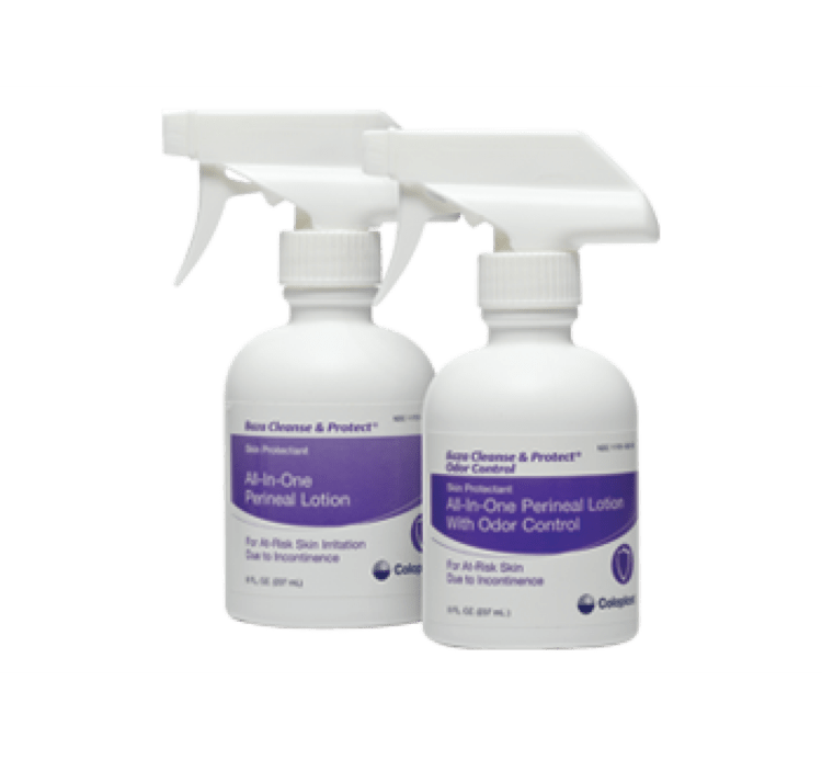 Baza Cleanse & Protect Lotion, a one-step, no-rinse lotion that cleanses, moisturizes, and protects skin. Dimethicone skin protectant, safe for incontinence briefs, available in fragrance-free or mild fragrance.