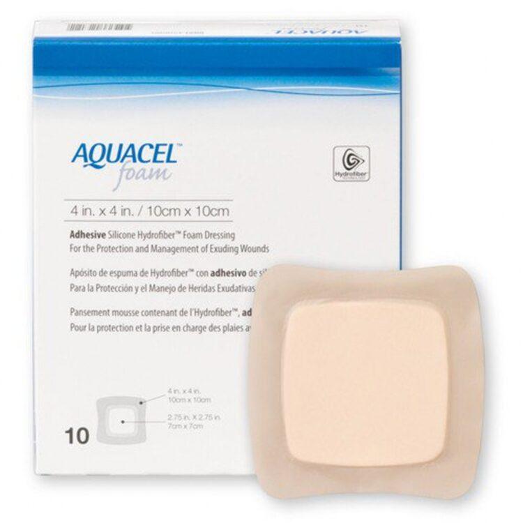 AQUACEL ADHESIVE FOAM HYDROFIBER DRESSING - Soft foam with AQUACEL interface and gentle silicone adhesive. Absorbs fluid, creates a gel, and locks in exudate. Pain-minimizing and waterproof. Can be cut to size.