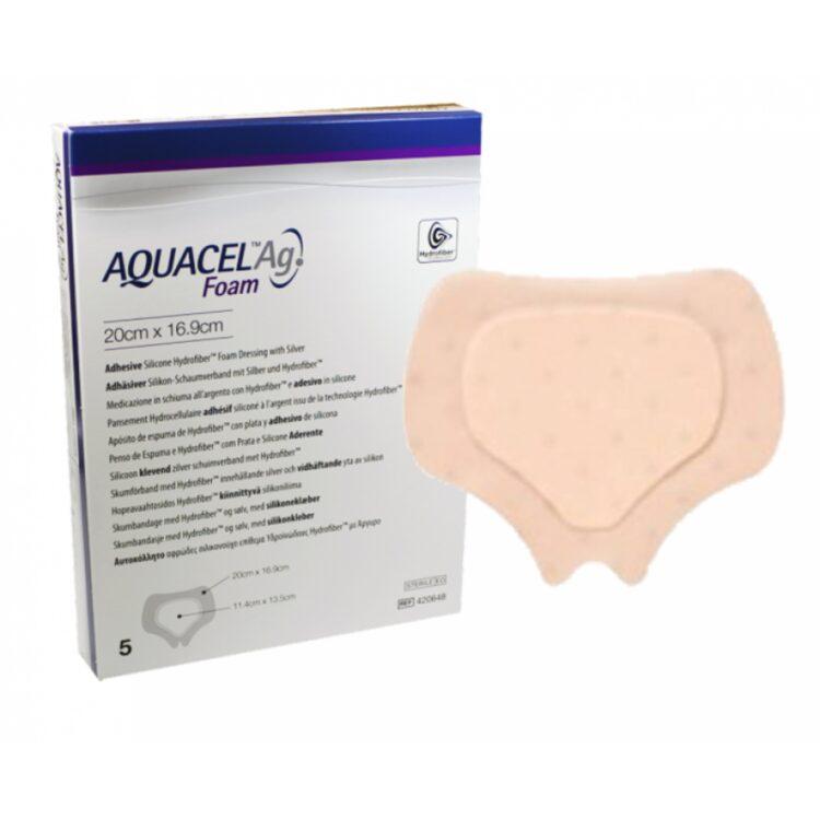 AQUACEL AG FOAM ADHESIVE SACRAL DRESSING-ConvaTec AQUACEL Ag Adhesive Foam Dressing with a soft foam pad, gentle silicone adhesive, and waterproof bacteria barrier. Features AQUACEL interface with Hydrofiber® Technology for maintaining a moist environment.