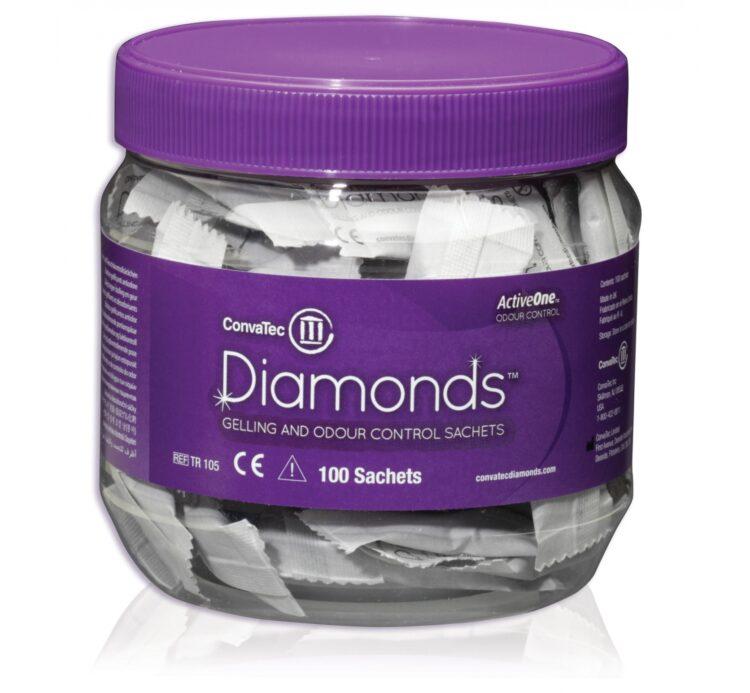 ConvaTec Diamonds Gelling and Odor Control Sachets: Solidify liquid contents and reduce gas to achieve a flatter, more discreet pouch. Helps prevent leakage and sleep disruptions. For ileostomy or liquid stool, not for urostomy. Each jar contains 100 sachets; place directly into an empty pouch.