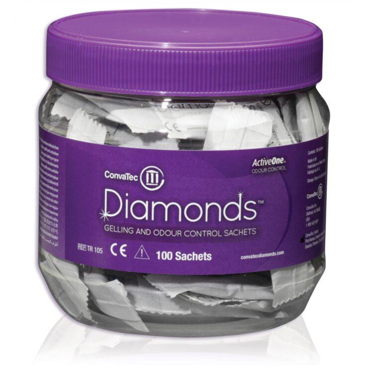 ConvaTec Diamonds Gelling and Odor Control Sachets: Solidify liquid contents and reduce gas to achieve a flatter, more discreet pouch. Helps prevent leakage and sleep disruptions. For ileostomy or liquid stool, not for urostomy. Each jar contains 100 sachets; place directly into an empty pouch.