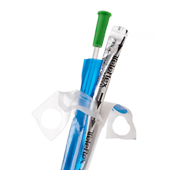 FloCath Quick - All-in-one hydrophilic intermittent catheter with integrated handling sheath and sterile saline packet for easy, touchless insertion. Coating allows for comfortable use, and the sheath can be used as an extension