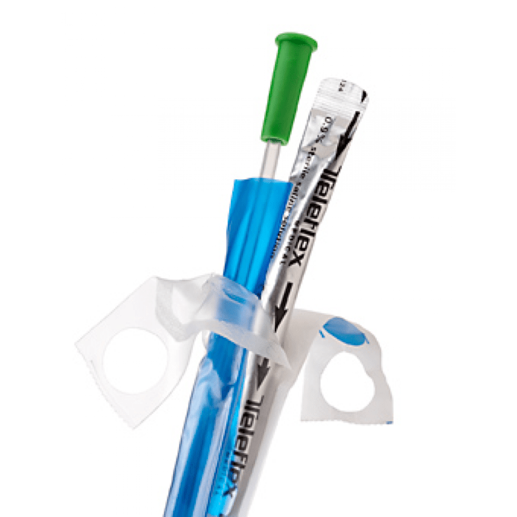 FloCath Quick - All-in-one hydrophilic intermittent catheter with integrated handling sheath and sterile saline packet for easy, touchless insertion. Coating allows for comfortable use, and the sheath can be used as an extension