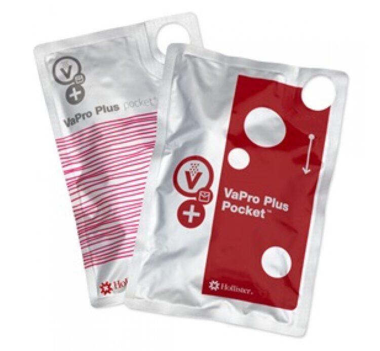 Hollister VaPro Plus Pocket Catheter - Touch-free, hydrophilic, with a protective tip and integrated collection bag. Available in 16" and 8" lengths, pocket-sized, and latex-free.