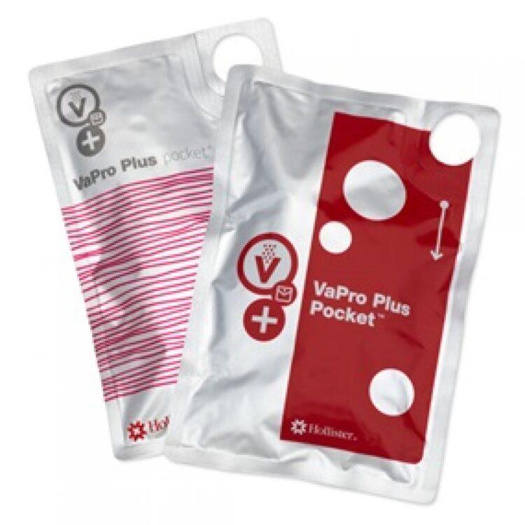 Hollister VaPro Plus Pocket Catheter - Touch-free, hydrophilic, with a protective tip and integrated collection bag. Available in 16" and 8" lengths, pocket-sized, and latex-free.