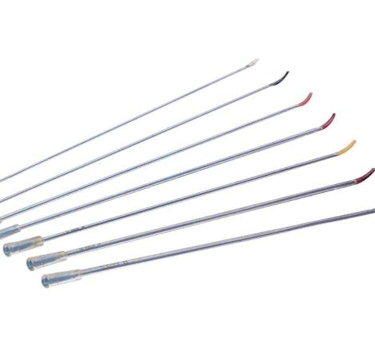 Rusch Tiemann Catheter. Flexible catheter with curved siliconized PVC tip.