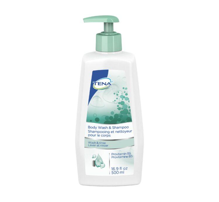 TENA BODY WASH AND SHAMPOO - Gentle, dual-purpose gel for body and hair cleansing, suitable for frequent use. Features conditioning and anti-static properties with provitamin B5, mildly scented, dermatologically tested, and available in a convenient pump bottle or single-use foil packet.