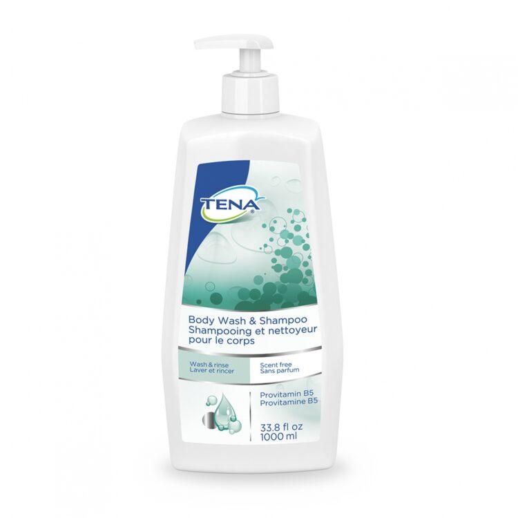 TENA BODY WASH AND SHAMPOO SCENT FREE - Gentle, dual-purpose gel for body and hair cleansing. Conditioning with provitamin B5, anti-static properties, and scent-free. Dermatologically tested and suitable for frequent use