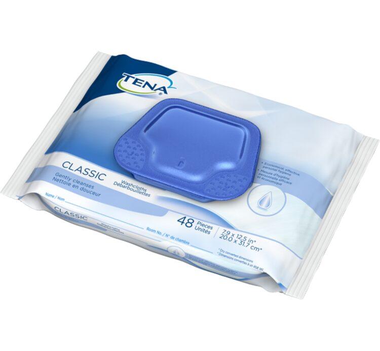 TENA Classic Washcloths - Gentle, adult-sized wipes with aloe, chamomile, and vitamin E. Alcohol-free, mildly scented, for efficient single-wipe use