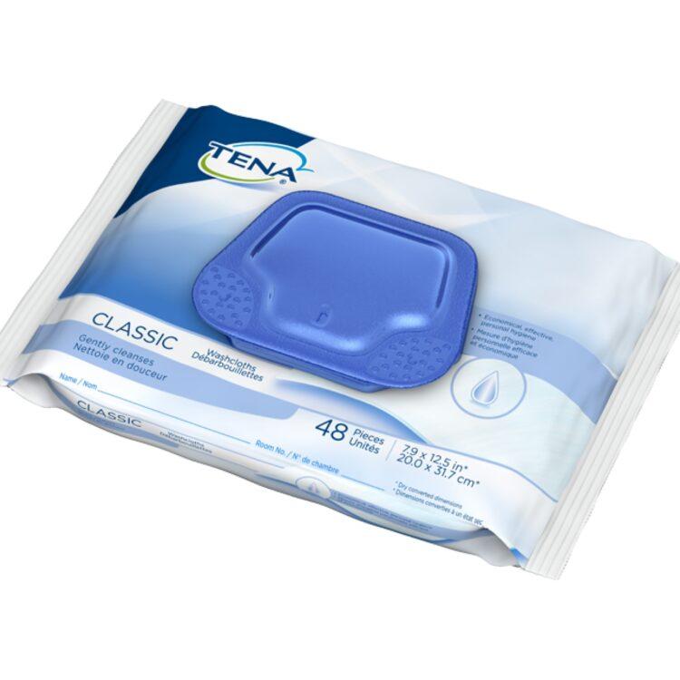 TENA Classic Washcloths - Gentle, adult-sized wipes with aloe, chamomile, and vitamin E. Alcohol-free, mildly scented, for efficient single-wipe use