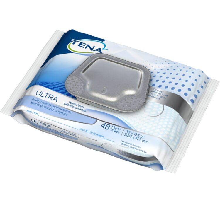 TENA Ultra Washcloths - Large, disposable wipes for effective cleansing and moisturizing. Enriched with aloe and chamomile to soothe and soften the skin.