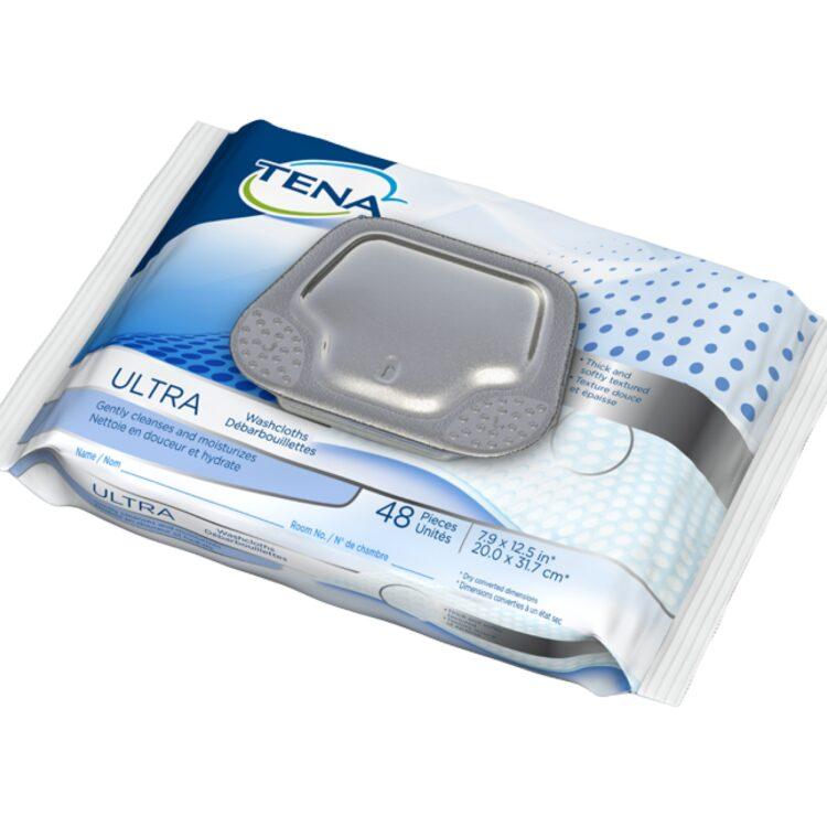 TENA Ultra Washcloths - Large, disposable wipes for effective cleansing and moisturizing. Enriched with aloe and chamomile to soothe and soften the skin.